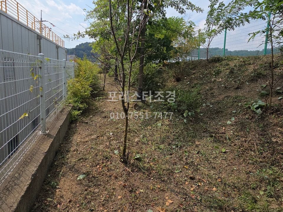 풀을 베어 정리한 공장 울타리 옆